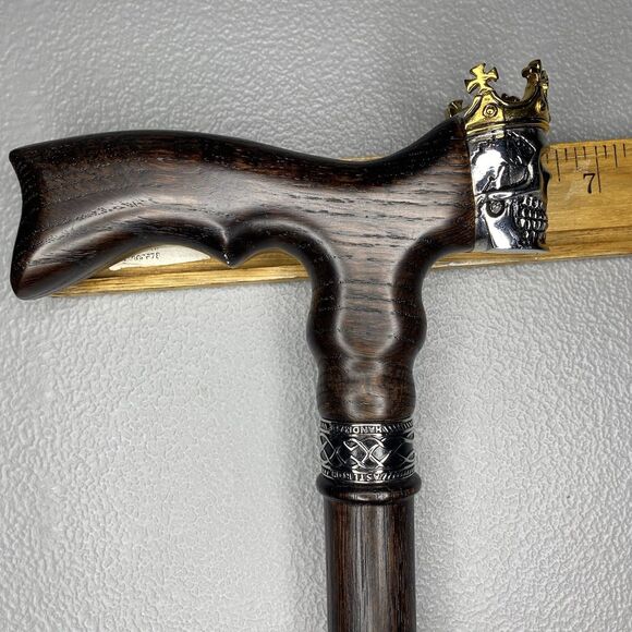 ASTEROM Walking Cane Skull King Crown Handle 35in Oak Wood Ergonomic Handmade - Picture 12 of 15